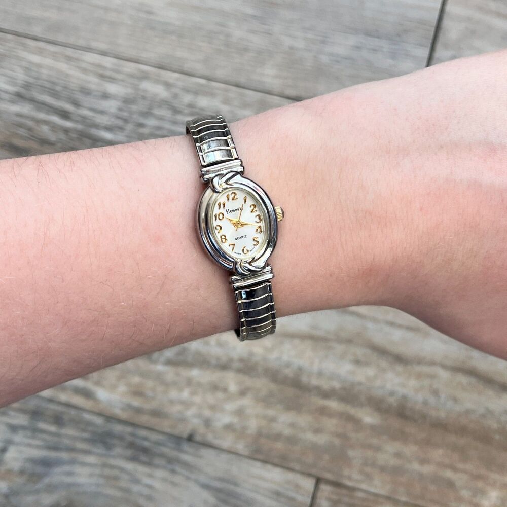 Element Silver Tone Stretch Bracelet Watch Oval Face Vintage Style Dress Antique